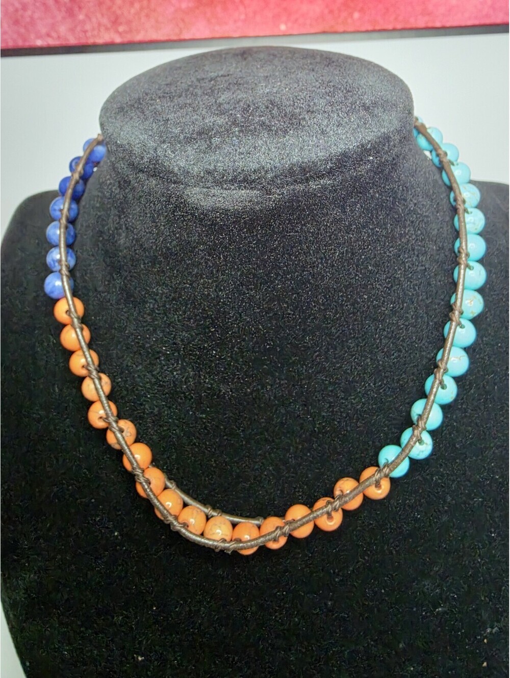 Boho Turquoise Coral Beaded Leather Wrap Necklace 14"